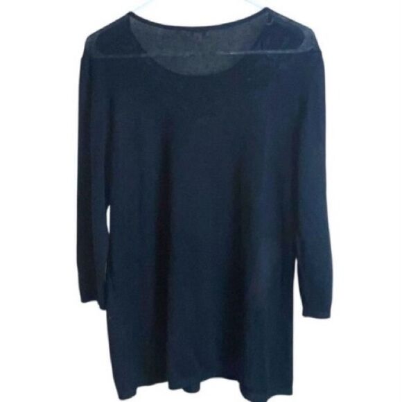 J. Jill Navy Blue Linen Blend Knit Top Large Floral Lace Overlay Women’s Sweater - Picture 4 of 6